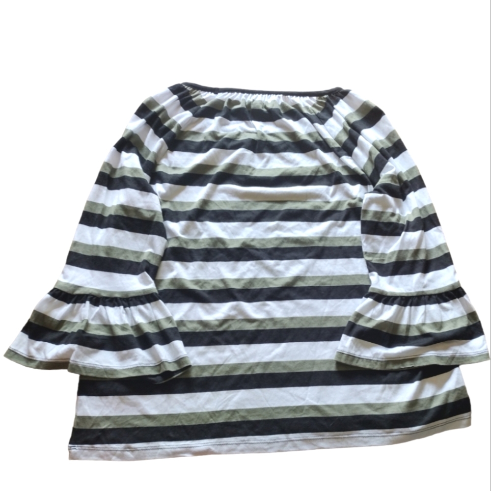 Michael Kors Green Striped Blouse with Bell Sleeves, Size Small